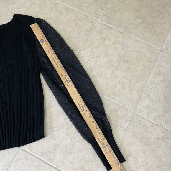 By Anthropologie sweater Top ribbed Sheer sleeves Square Neck women’s XL Black - Picture 7 of 12